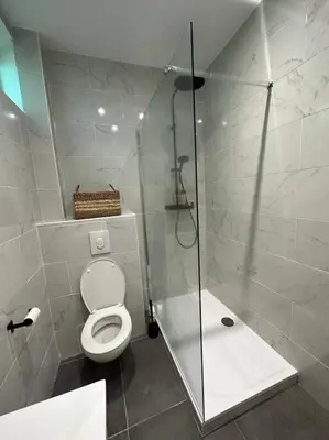 a white bathroom with a shower and a toilet at Cosy Nice appartement in Nice