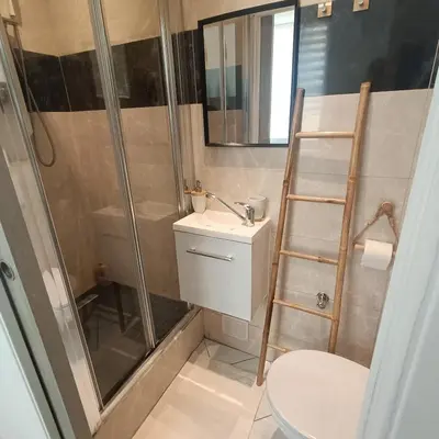 a bathroom with a shower and a toilet and a ladder at Cocooning Atmosphère old Nice in Nice