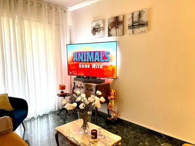 a living room with a tv and a table at Nice center Aviva's-home in Nice