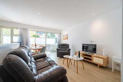 a living room with a leather couch and a television at Magnifique T2, parking, face mer in Cagnes-sur-Mer