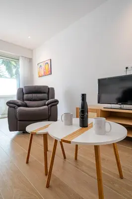a living room with two coffee tables and a couch at Magnifique T2, parking, face mer in Cagnes-sur-Mer