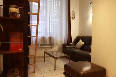 a living room with a leather couch and a table at Appartement Cosy Centre Nice in Nice