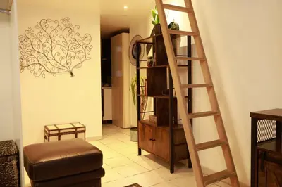a living room with a book shelf and a ladder at Appartement Cosy Centre Nice in Nice