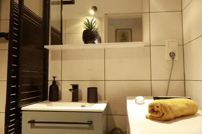 a bathroom with a sink and a towel on a counter at Appartement Cosy Centre Nice in Nice