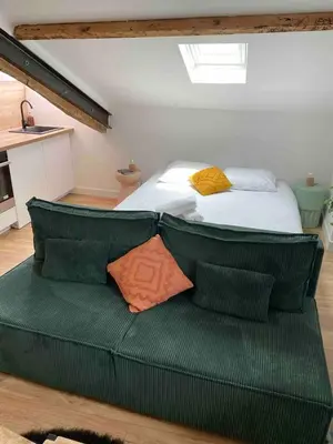 a bedroom with a bed and a green couch at Beautiful refurbished cozy apartment in Nice