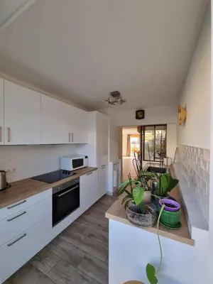 a kitchen with white cabinets and a table with plants at Magnifique T3, spacieux, lumineux et traversant in Nice