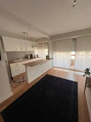 a living room with a kitchen with a black rug at Beautiful studio - Terrace in Nice