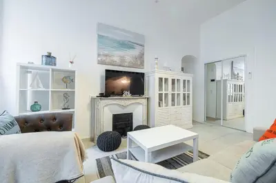 a living room with a couch and a fireplace at La Petite Chaise Bleue Appartement classe 3 etoiles in Nice