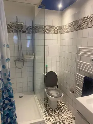 a bathroom with a toilet and a glass shower at Appartement Nice proche de Monaco in Nice