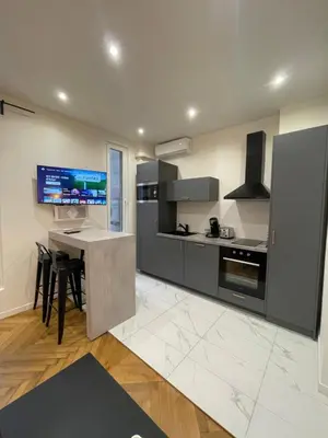 a kitchen with a counter and a stove top oven at Appart Cosy, Proche Gare in Nice