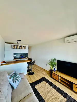 a living room with a couch and a flat screen tv at Cote d’Azur Charm, Studio Apartment with panoramic seaview in Nice in Nice
