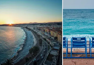 a view of the beach and a blue chair at Nestor&Jeeves - BREAKTIME - Sea View - Parking in Nice