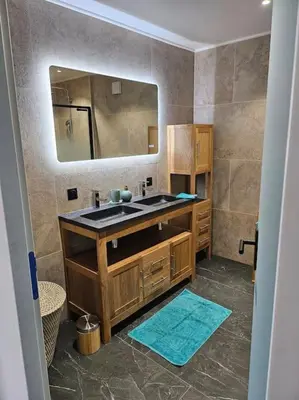 a bathroom with a sink and a large mirror at Superbe bas de Villa au calme in Cagnes-sur-Mer