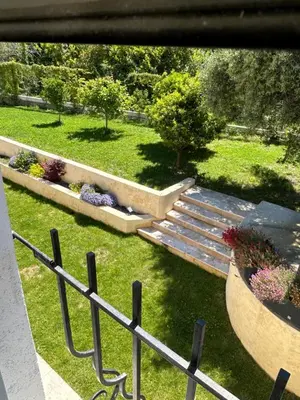 a row of plants in a garden with pink flowers at Duplex Oliveraie piscine au sel marin et parking in Nice