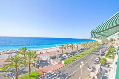 a view of a beach with palm trees and the ocean at Luxury Sea Front Condo Milord in Nice
