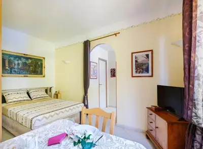 a bedroom with two beds and a tv in it at Studio charmant à Cagnes-sur-Mer de 35 m² + piscine privée in Cagnes-sur-Mer