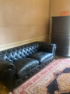 a black leather couch in a room with a rug at Appartement dans le Vieux-Nice in Nice