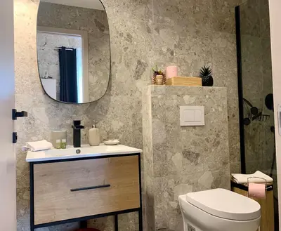 a bathroom with a sink and a toilet and a mirror at ApartHotel Riviera - BALCON BARLA - Old Port PLace du Pin in Nice
