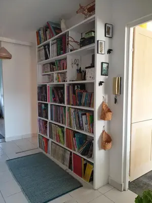 a book shelf filled with books in a hallway at Bel appartement lumineux T3 Terrasse in Nice