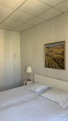 a bedroom with a white bed and a painting on the wall at 1 bedroom flat in the best street Nice in Nice