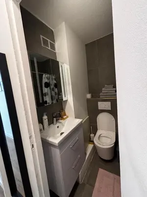 a bathroom with a white toilet and a sink at Nice appartement for 2 adults with air-conditioning in Nice