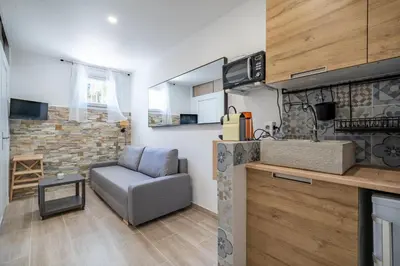 a living room with a couch and a kitchen at Port de Nice, Charmant studio in Nice