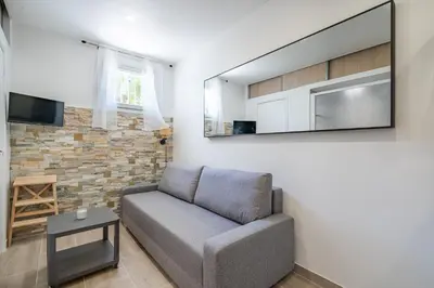 a living room with a couch and a mirror at Port de Nice, Charmant studio in Nice