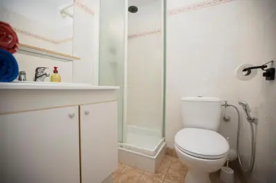 a white bathroom with a shower and a toilet at Studio palais des arts in Nice