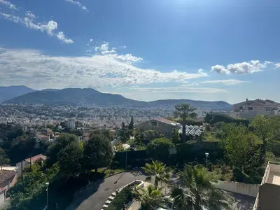 a view of a city with mountains in the background at Cosy studio avec parking et vue féerique in Nice