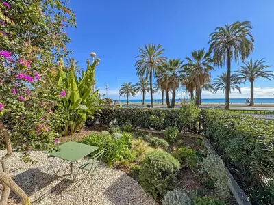 a garden with palm trees and a beach at Cosy Sea Front Garden Nice in Nice