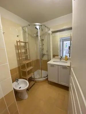 a bathroom with a shower and a sink and a toilet at Nice Magnan 2P-Piscine, Clim, Parking in Nice