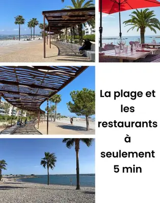 a collage of four pictures of a beach with an umbrella at Azur & Chill - à proximité Mer Train Bus Aéroport in Saint-Laurent-du-Var