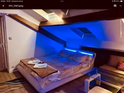 a room with a bed in a blue room at Studio atypique central mais calme, quartier VIP, plage 50m in Nice
