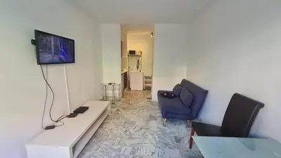 a living room with a couch and a tv on a wall at Petit studio promenade des Anglais in Nice