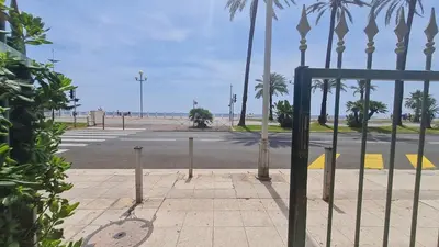 an empty street with a fence and palm trees at Petit studio promenade des Anglais in Nice