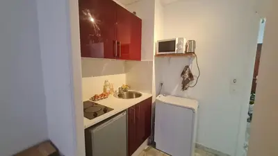 a small kitchen with a sink and a refrigerator at Petit studio promenade des Anglais in Nice