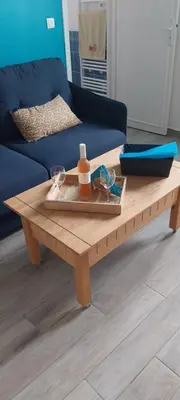 a wooden coffee table in front of a blue couch at Charmant 2 pièces in Nice