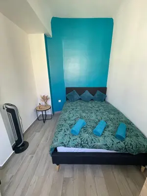 a bedroom with a bed with blue pillows and a tv at Charmant 2 pièces in Nice