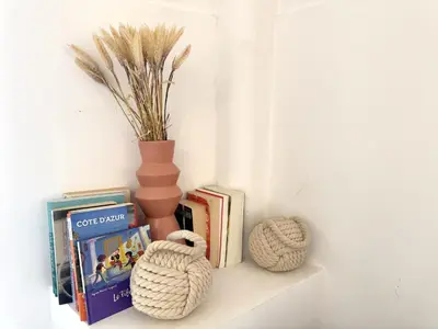 a shelf with books and a vase and a plant at ApartHotel Riviera - TERRASSE HORIZON - 15' Promenade des Anglais in Nice