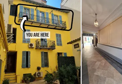 a yellow house with a sign that says you are here at Nestor&Jeeves - BRISE DE NICE - Balcony - Central in Nice