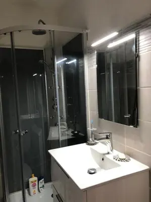 a bathroom with a sink and a shower at Le Rabelais, Studio terrasse in Nice