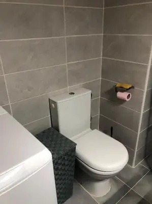 a bathroom with a white toilet and a sink at Le Rabelais, Studio terrasse in Nice