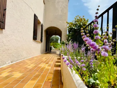 a garden with purple flowers next to a building at Nissa la bella, Piscine et vue mer in Nice