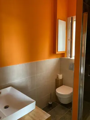 an orange bathroom with a toilet and a sink at Wunderschöne Wohnung in Jugendstilvilla am Hafen in Nice