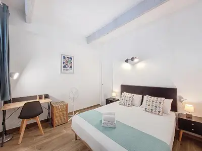 a white bedroom with a bed and a desk at Nestor&Jeeves - VILLA FAY - Near Beach - Promenade in Nice
