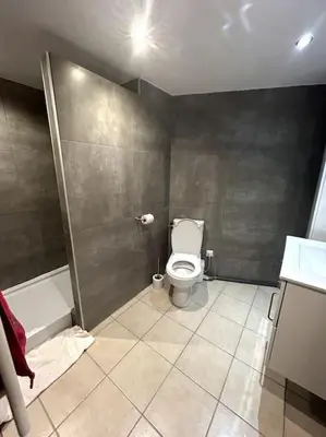 a small bathroom with a toilet and a shower at Charmant studio avec mezzanine in Nice