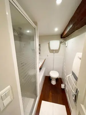 a small bathroom with a shower and a toilet at Charmant appartement atypique au coeur du Vieux-Nice in Nice