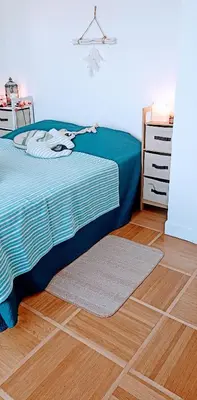 a bedroom with a bed and a rug on a wooden floor at Chambre vue Nice & mer in Nice