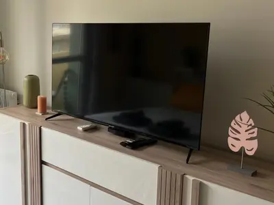 a flat screen tv sitting on top of a dresser at Palm Leaf Studio Nice in Nice
