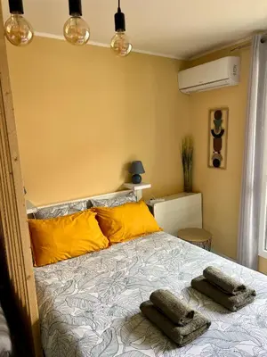 a bedroom with a bed with two pillows on it at Palm Leaf Studio Nice in Nice
